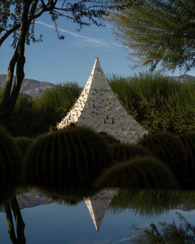 Desert X 2025 installation view of Agnes Denes The Living Pyramid at Sunnylands Center & Gardens, photo by Lance Gerber, courtesy Desert X