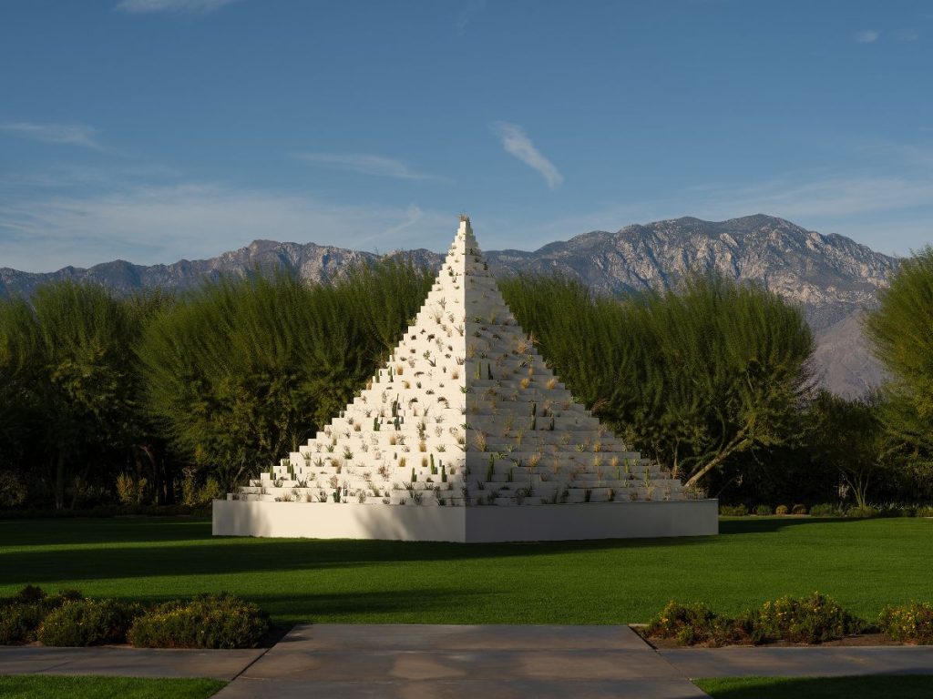 Desert X 2025 installation view of Agnes Denes The Living Pyramid at Sunnylands Center & Gardens, photo by Lance Gerber, courtesy Desert